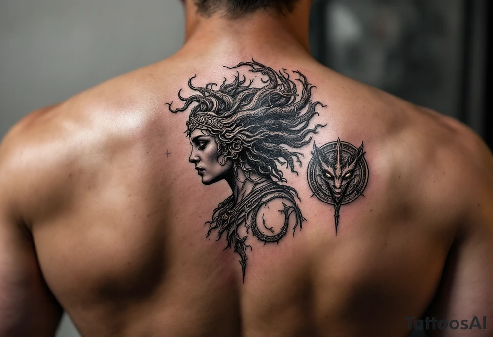 Athena goddess of war and wisdom with her Medusa shield and spear as a women’s sleeve tattoo idea