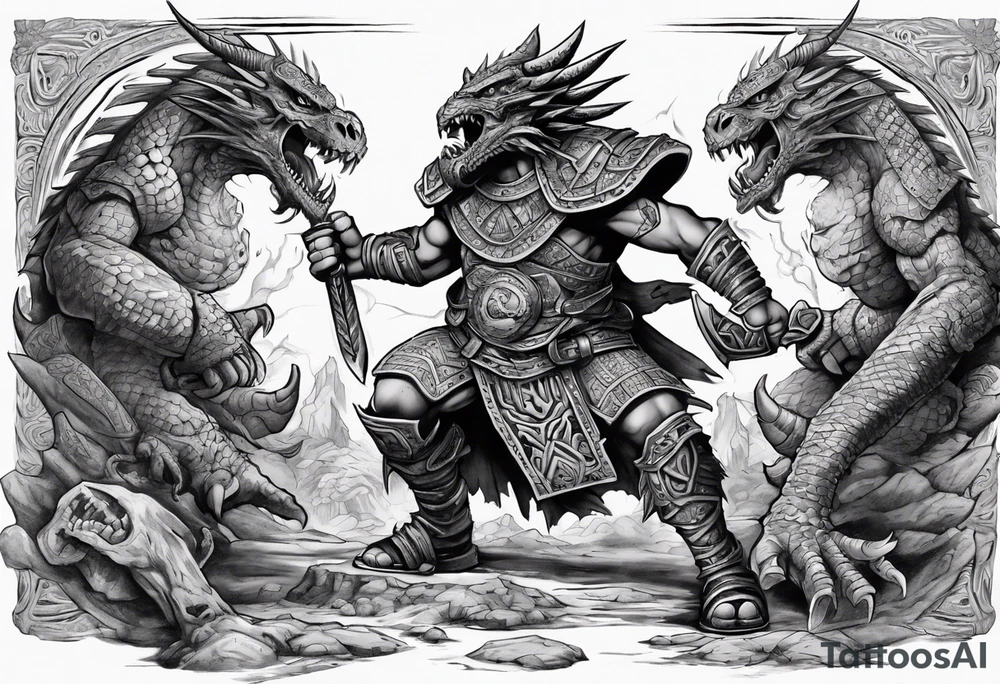 aztec dwarven warrior fighting against a dragon in the pits of hell tattoo idea