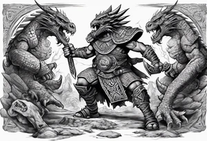 aztec dwarven warrior fighting against a dragon in the pits of hell tattoo idea