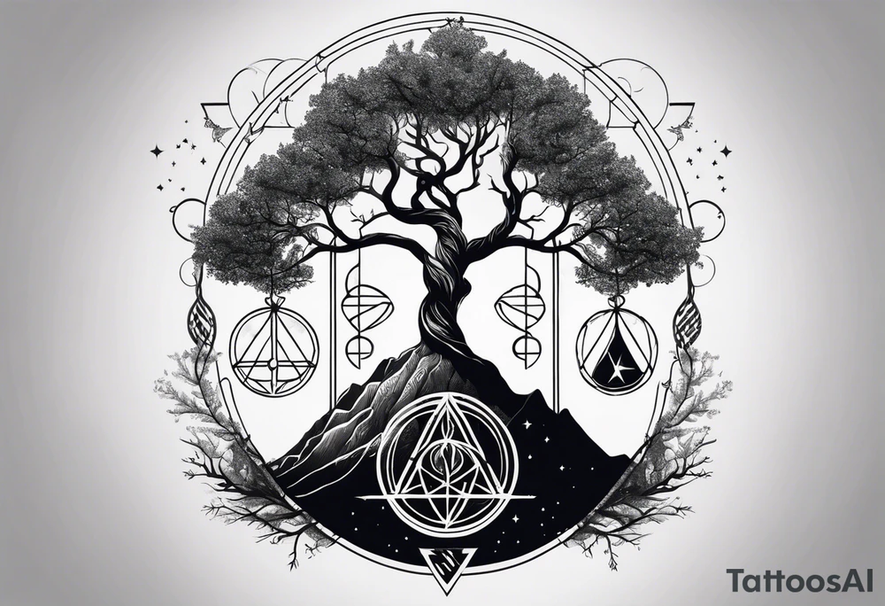 Tree of Life with DNA and Deathly Hallows Symbol and Velaris Mountains and Stars tattoo idea
