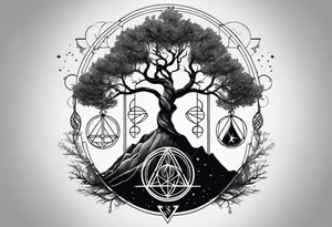 Tree of Life with DNA and Deathly Hallows Symbol and Velaris Mountains and Stars tattoo idea