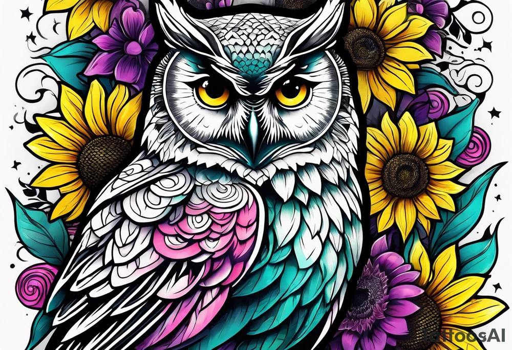 Half arm sleeve black and white owl shaded teal, pink and purple surrounded by yellow sunflowers tattoo idea