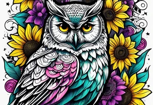 Half arm sleeve black and white owl shaded teal, pink and purple surrounded by yellow sunflowers tattoo idea