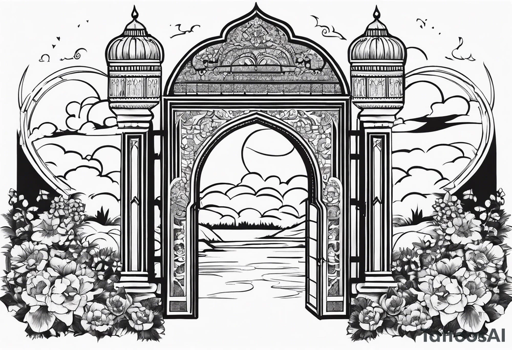 Arabian town garden gate entrance circle vignette surrounded clouds floral tattoo idea