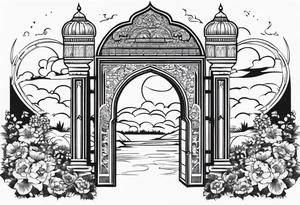 Arabian town garden gate entrance circle vignette surrounded clouds floral tattoo idea