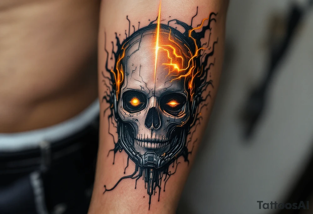 A half-human, half-android full arm design in glossy gunmetal, lit from within by soft amber light trails tattoo idea