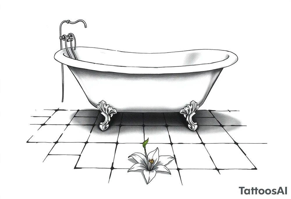 Clawfoot bathtub with lily coming up from tile floor tattoo idea