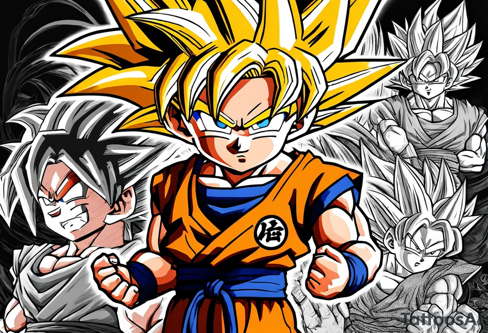 Son-Goku as a child in the foreground and an older version of him as a super saiyajin behind him. All takes place in a dragon ball tattoo idea