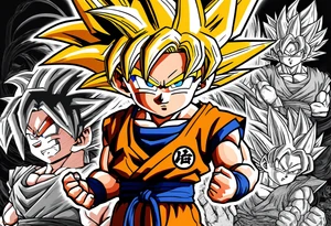 Son-Goku as a child in the foreground and an older version of him as a super saiyajin behind him. All takes place in a dragon ball tattoo idea