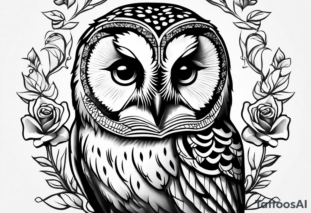 Barred owl with a single rose tattoo idea