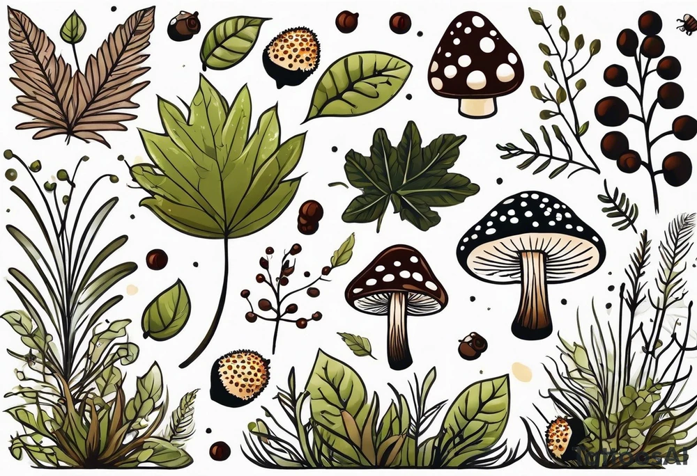 minimalistic forest floor inspired tattoo, which includes grass, moss, curly ferns and dead leaves as the bulk of the tattoo. details to include: forest berries, couple of very small brown mushrooms, a tiny bumblebee flying nearby tattoo idea