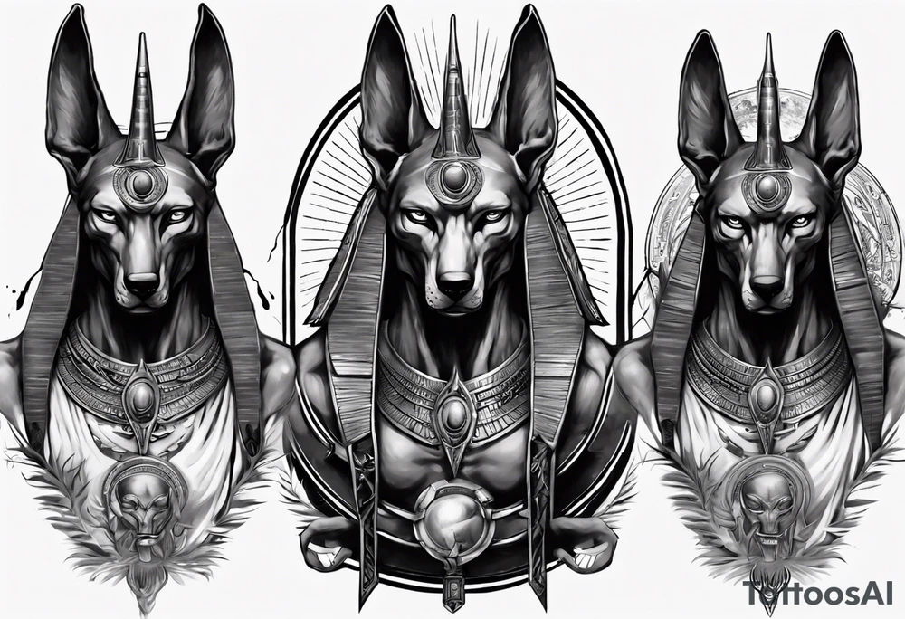 Angry anubis with rebirth background tattoo idea