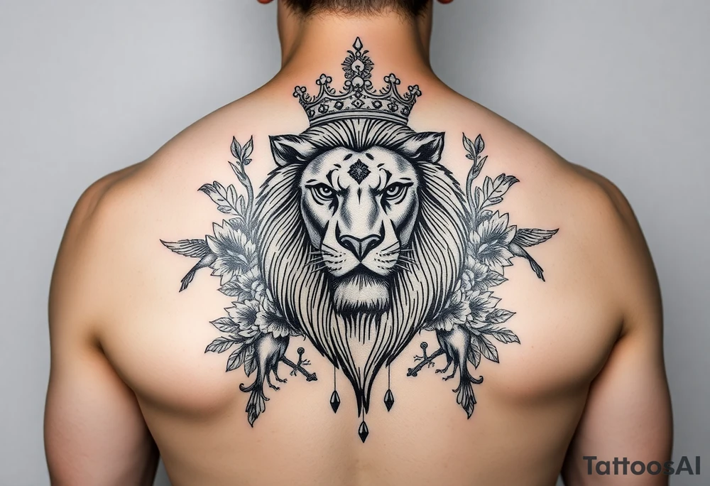 powerful majestic lion with a crown, surrounded by floral ornaments and birds tattoo idea