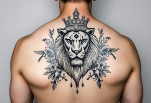 powerful majestic lion with a crown, surrounded by floral ornaments and birds tattoo idea