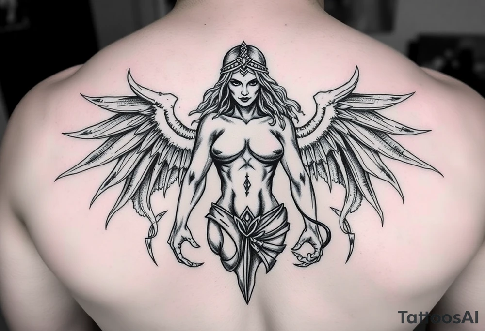 El cuerpo completo e la diosa griega Temis le suben rodeando dos escorpiones tattoo idea