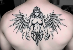 El cuerpo completo e la diosa griega Temis le suben rodeando dos escorpiones tattoo idea