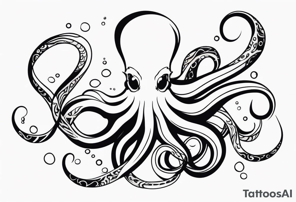 Tribal half sleeve. octopus surrounded by ribbons of water waves filled with fish. the octopus has no eyes. Use thick lines only with less detail. tattoo idea