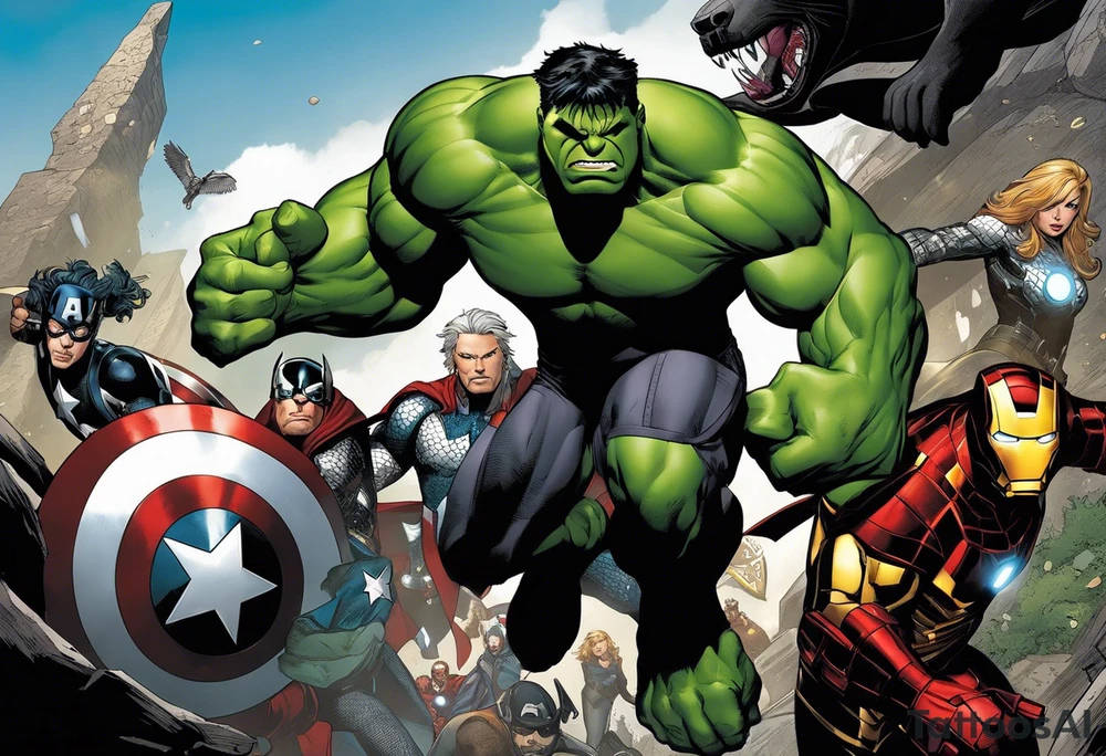 I want to change Avengers Team characters with animals. Hulk will be represented by a Badger.
Thor will be depicted as an Alpha Grey Wolf.
Captain America will be symbolized by a Bull.
Iron Man's character will be embodied by a Canary.
Black Widow's role will be portrayed by an Axolotl.
Hawkeye will be depicted as a Sudan Plated Lizard.
Nick Fury will be represented by a Cat. tattoo idea