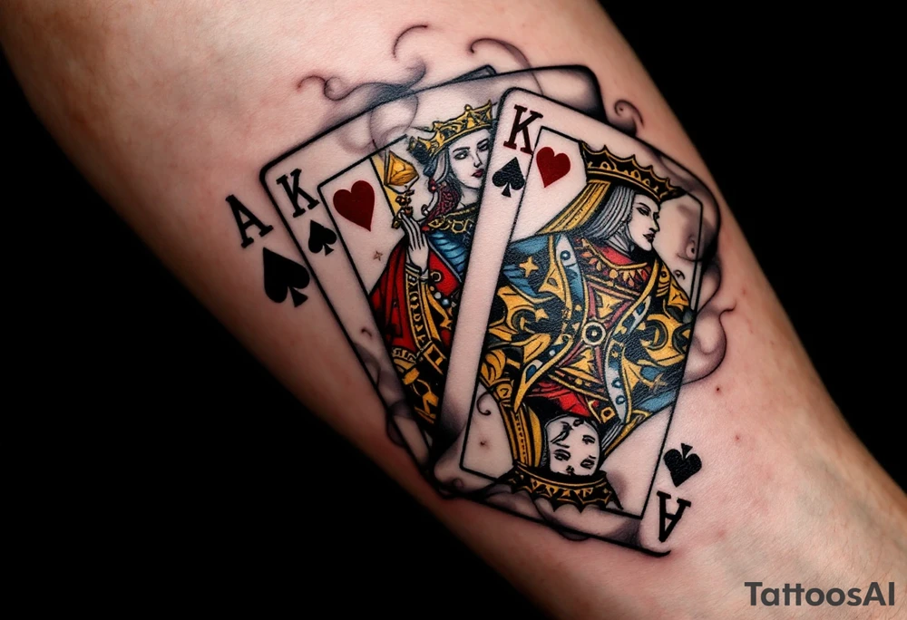 A playing cards tattoo showing the ace of spades, queen of hearts, and king of clubs fanned out in rich black, deep red, and golden-yellow ink, with realistic card textures, subtle shadowing, and faint smoky wisps curling around the edges for a dramatic, high-stakes vibe. tattoo idea