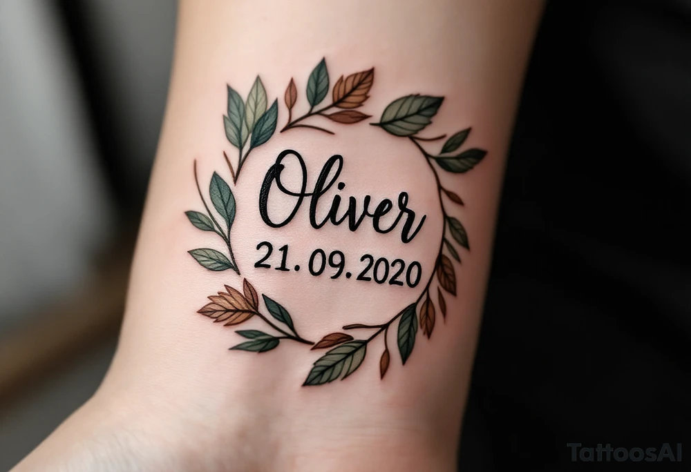 Oliver 21. 09. 2020) – Muted green and earthy brown leaves surrounding Oliver's birthdate, in a rustic font. tattoo idea