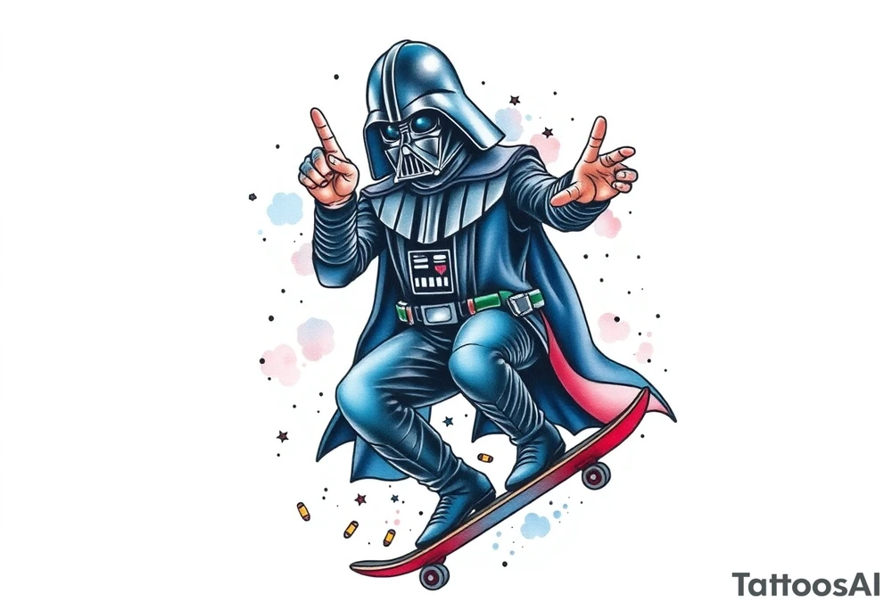 MEMORY TATTOO
Darth Vader skateboarding with hand signal hang loose in heaven, outdoors, bullets, star wars>blue and red 
"Darth Carter"
12/29/88-01/06/24 tattoo idea
