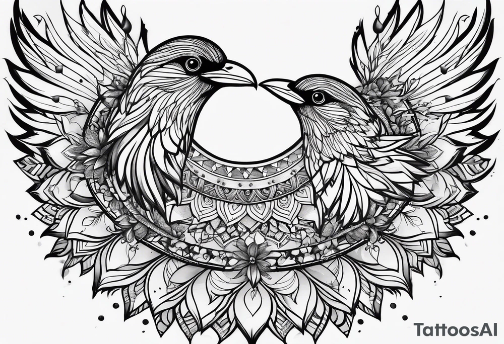 Feather mandala with tiny birds tattoo idea