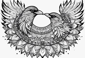 Feather mandala with tiny birds tattoo idea