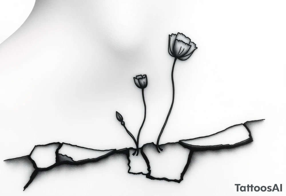 Simple line drawing style poppy growing up from cracks in pavement watercolor coloring on poppy only back of ankle/heel or back of upper arm, more artistic rendering of cracks, very minimal/simplistic design tattoo idea