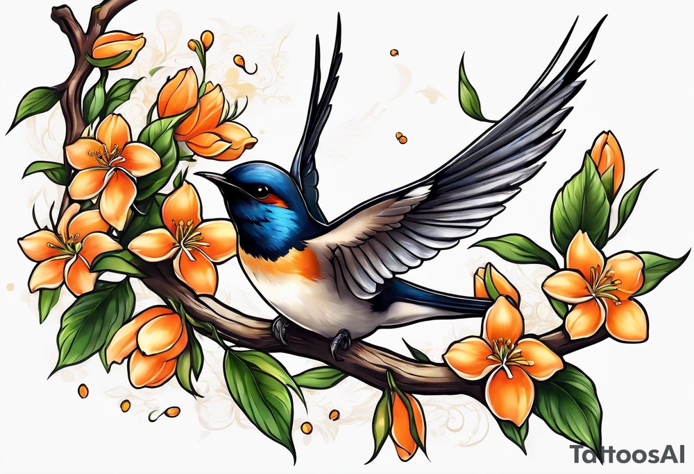 swallow flying off of branch with orange blossoms tattoo idea