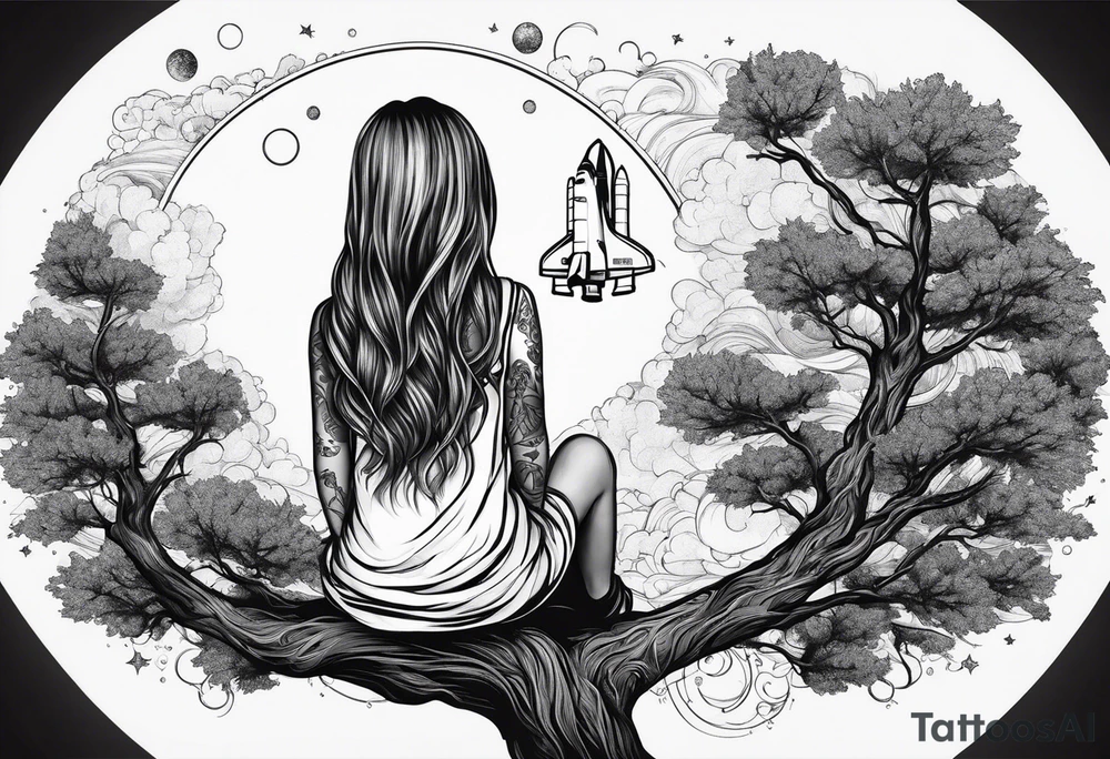 back of small girl in dress with long hair sitting on a tree branch watching a space shuttle launch in the distance tattoo idea