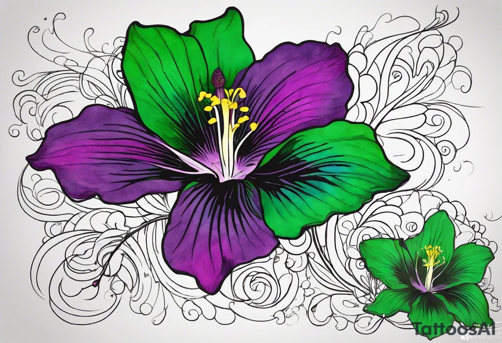 An outline of a rio dipladenia flower with green/purple pedals and a green/purple watercolor splash in the background tattoo idea