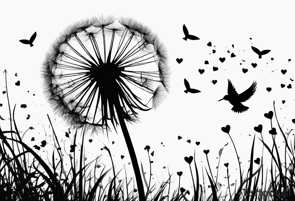 Dandelion with its ligules blowing away, a few legs are tiny hearts, the girls turn into a little bird, flying away to its future tattoo idea