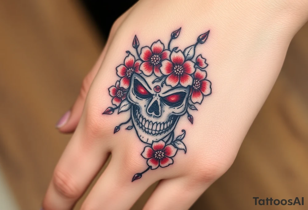 Japanese mask, which is covered with flowers of death according to Japanese mythology tattoo idea