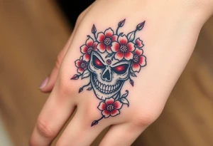 Japanese mask, which is covered with flowers of death according to Japanese mythology tattoo idea