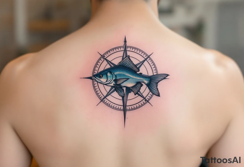 Catfish and Compass – A swimming catfish with muted ocean colors (deep blue, gray-green) circling a compass rose, symbolizing direction, exploration, and returning home. tattoo idea
