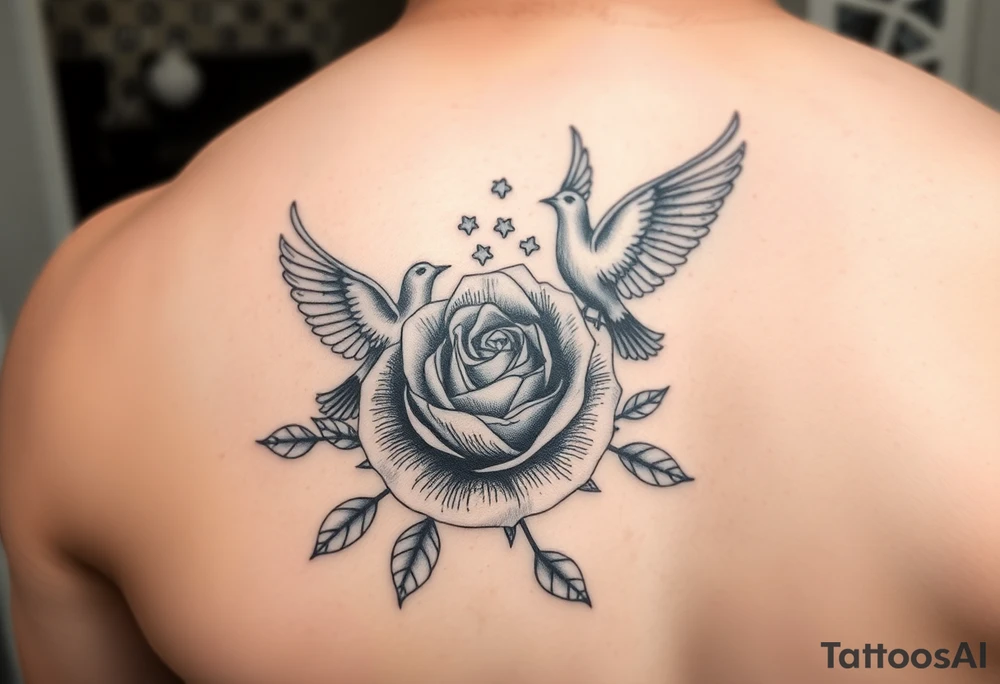 forearm tattoo doves and a rose (make it  a realistic art style )and grandmothers name that is "rose" add lots clouds to the backround tattoo idea
