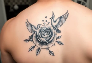 forearm tattoo doves and a rose (make it  a realistic art style )and grandmothers name that is "rose" add lots clouds to the backround tattoo idea