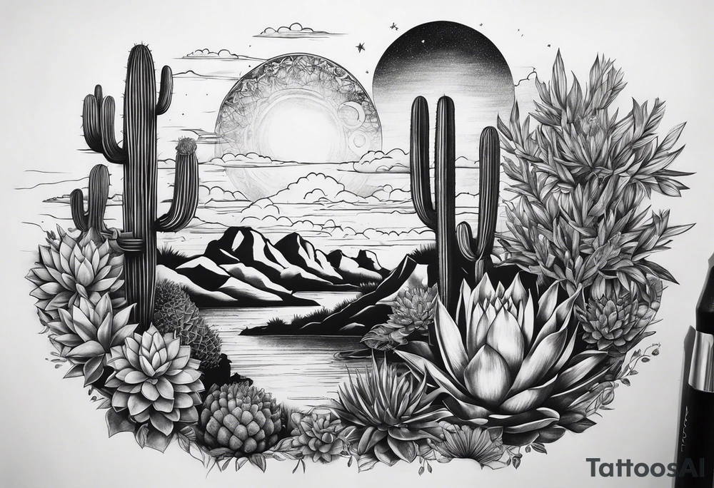 Lobo , cactos e árvore da vida por do sol braço parte de cima tattoo idea Lobo , cactos e árvore da vida por do sol braço parte de cima tattoo idea