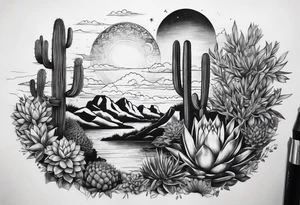 Lobo ,  cactos e árvore da vida por do sol braço parte de cima tattoo idea