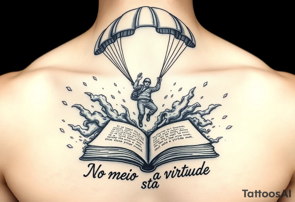 A parachuting soldier landing into an open book. Chaos surrounding, but the book is protecting the soldier from it. On the chest. Make it smaller. Thought provoking. 1936-2020- "No meio esta a virtude" underneath the book tattoo idea