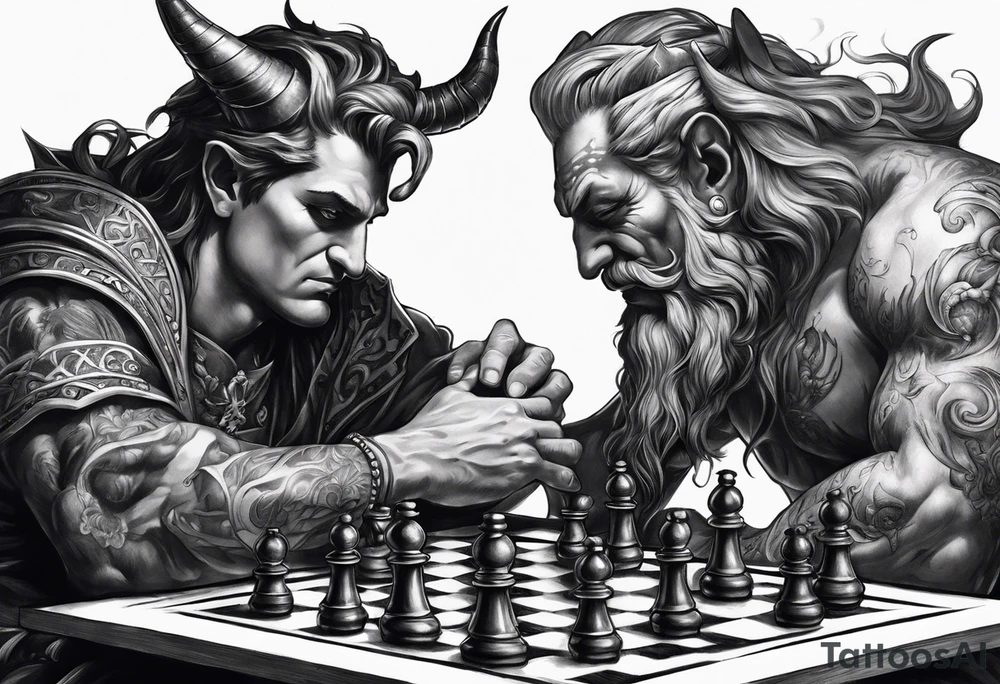 god and demon playing chess tattoo idea