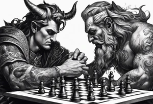 god and demon playing chess tattoo idea
