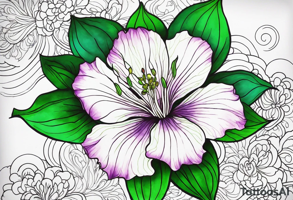An outline of a green rio dipladenia flower and a green and purple watercolor splash in the background tattoo idea