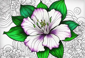 An outline of a green rio dipladenia flower and a green and purple watercolor splash in the background tattoo idea