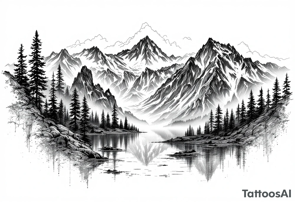 large lake with multiple mountains portrait sizing tattoo idea