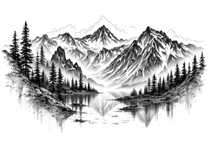 large lake with multiple mountains portrait sizing tattoo idea