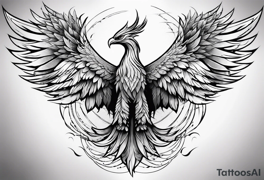 a phoenix rising from the ashes and an angel opening its wings on the background tattoo idea