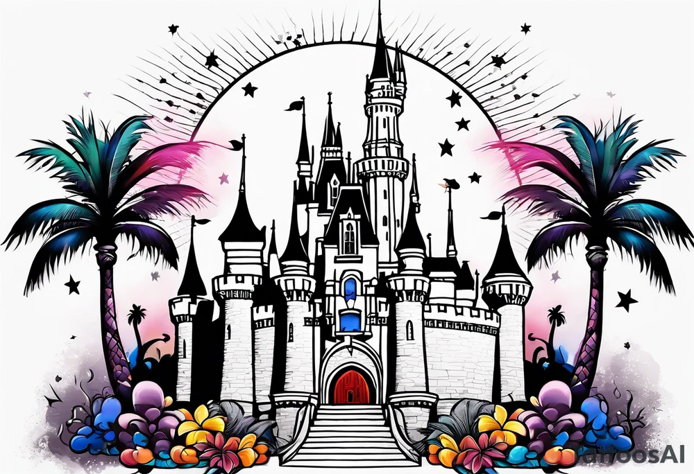 disney castle with lightning palm trees and a mickey mouse tattoo idea