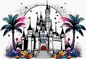 disney castle with lightning palm trees and a mickey mouse tattoo idea