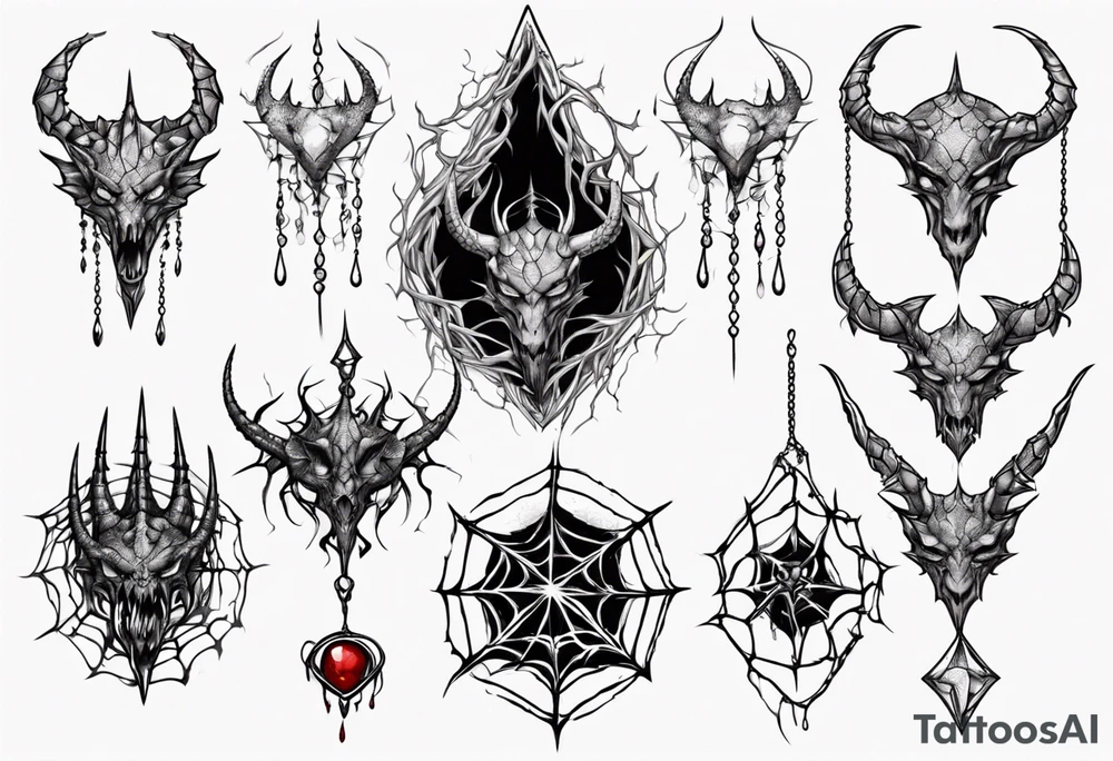 Jewel shaped tangled web with dragon horns and blood drops tattoo idea